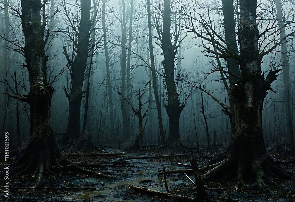 Obraz premium Dark Moody Foggy Forest Trees Swampy Path Scene