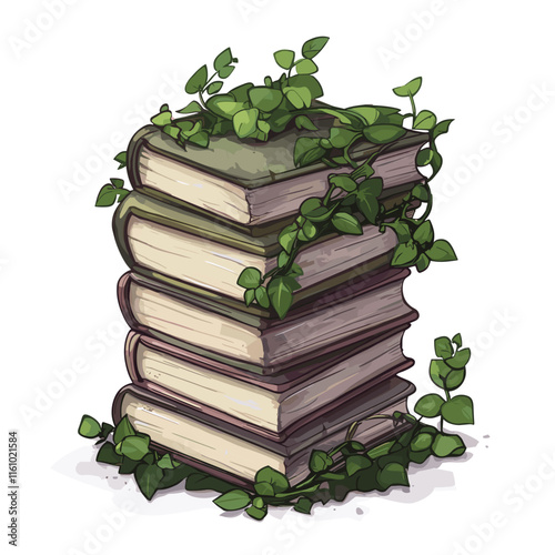 Stacked books entwined with green ivy in a cozy indoor setting during a sunny afternoon