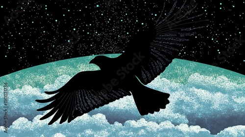 of a bird flying above the clouds, blended with an image of a bright horizon, symbolizing unlimited potential. | [Bird]:[Freedom] 
