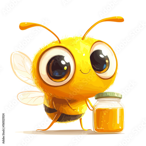 Cute cartoon bee holding a jar of honey in a cheerful display of nature's sweetness and creativity