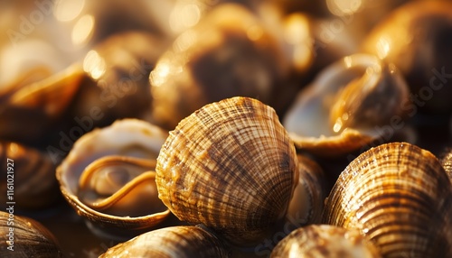 Macro Photography Of Clams In Delicious Tomato And Herb Sauce With Close-Up Detail For A Mouth-Watering Presentation And Appetizing Visual Appeal. photo