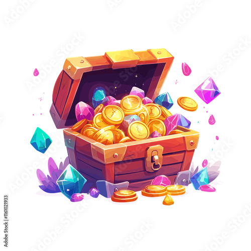 Treasure chest overflowing with gold coins and colorful gems against a bright background