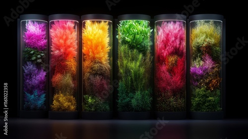 Visions of a futuristic garden featuring liquid metals and vibrant flora enhanced by neon luminescence