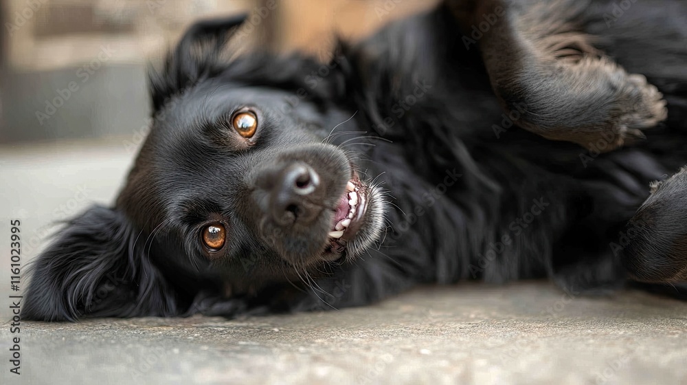 Dog lying on its back, looking relaxed and playful Dog lying on its back, looking relaxed and playful