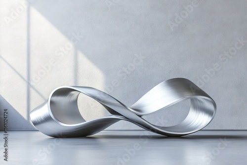 minimalist podium made from flowing ribbons of metal curving elegantly with brushed silver finish