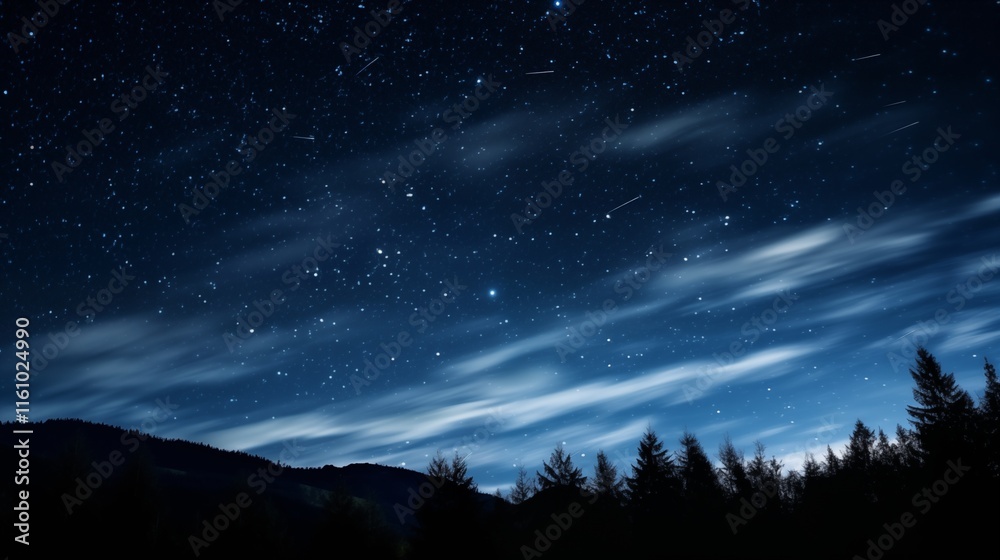 Fototapeta premium Long exposure of a strars moving in the night sky, golden hour lighting, empty space on the left for text,generative ai illustration
