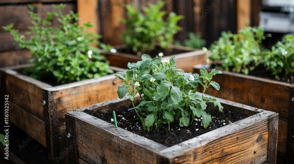 Rustic wooden raised garden beds with growing herbs and vegetables in the countryside for organic gardening enthusiasts
