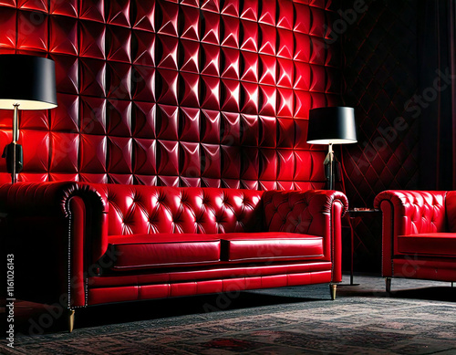 Red Leather Sofa and Armchairs in a Luxurious, Dark Room