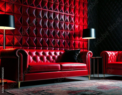 Red Leather Sofa and Armchairs in a Luxurious, Dark Room