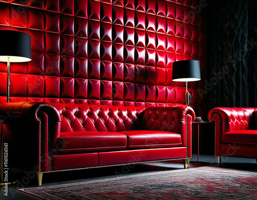 Red Leather Sofa and Armchairs in a Luxurious, Dark Room