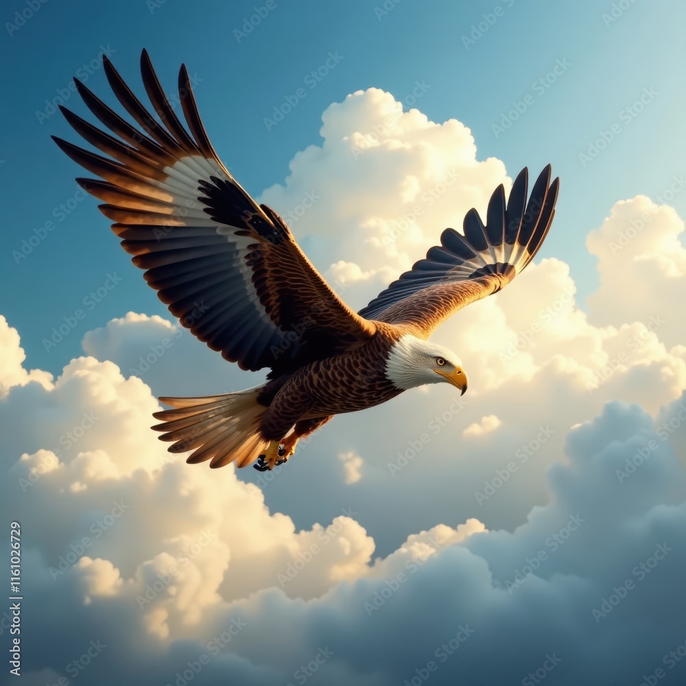 Fototapeta premium Golden eagle in flight, majestic wings outstretched against fluffy clouds , wildlife photography, high altitude, clouds