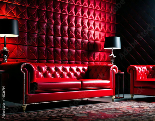 Red Leather Sofa and Armchairs in a Luxurious, Dark Room