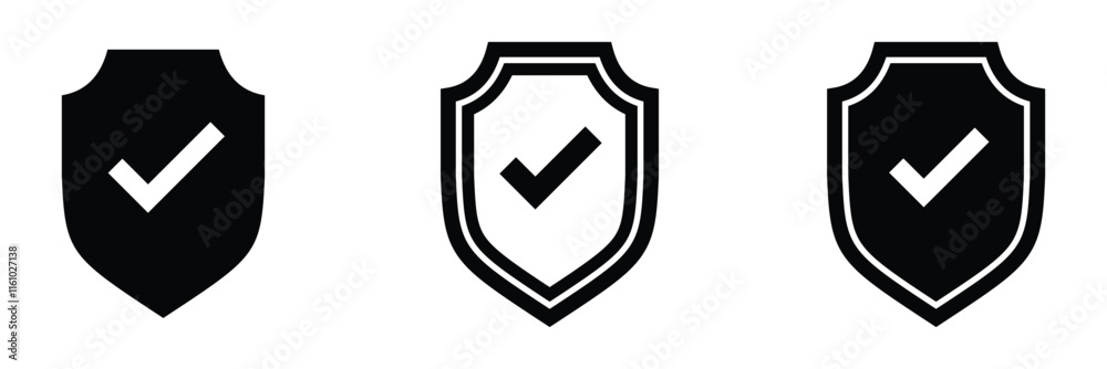 Shield check mark icon vector illustration. Shield with a checkmark in the middle Protection icon. Strong protection tick shield icon on white background. Shield check mark icon vector illustration. Shield with a checkmark in the middle Protection icon. Strong protection tick shield icon on white background.