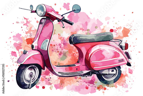 Watercolor spring illustration with scooter and spring flowers, isolated on white background