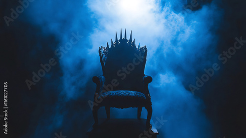 Imposing black gothic throne chair illuminated by a mysterious blue light with smoke and fog