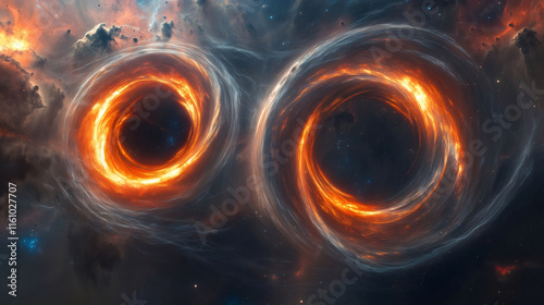 Two Black Holes Colliding and Creating Gravitational Waves in Deep Space