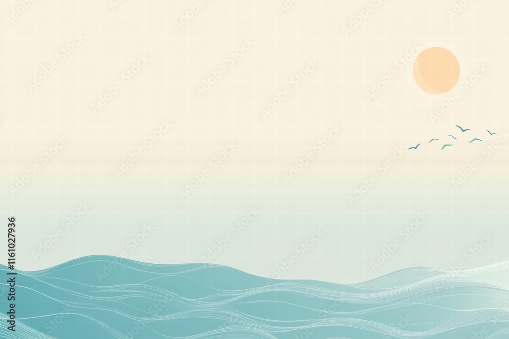Stylized sun rising above soft waves with gentle horizon and ample space for text or design elements. Generative AI Stylized sun rising above soft waves with gentle horizon and ample space for text or design elements. Generative AI