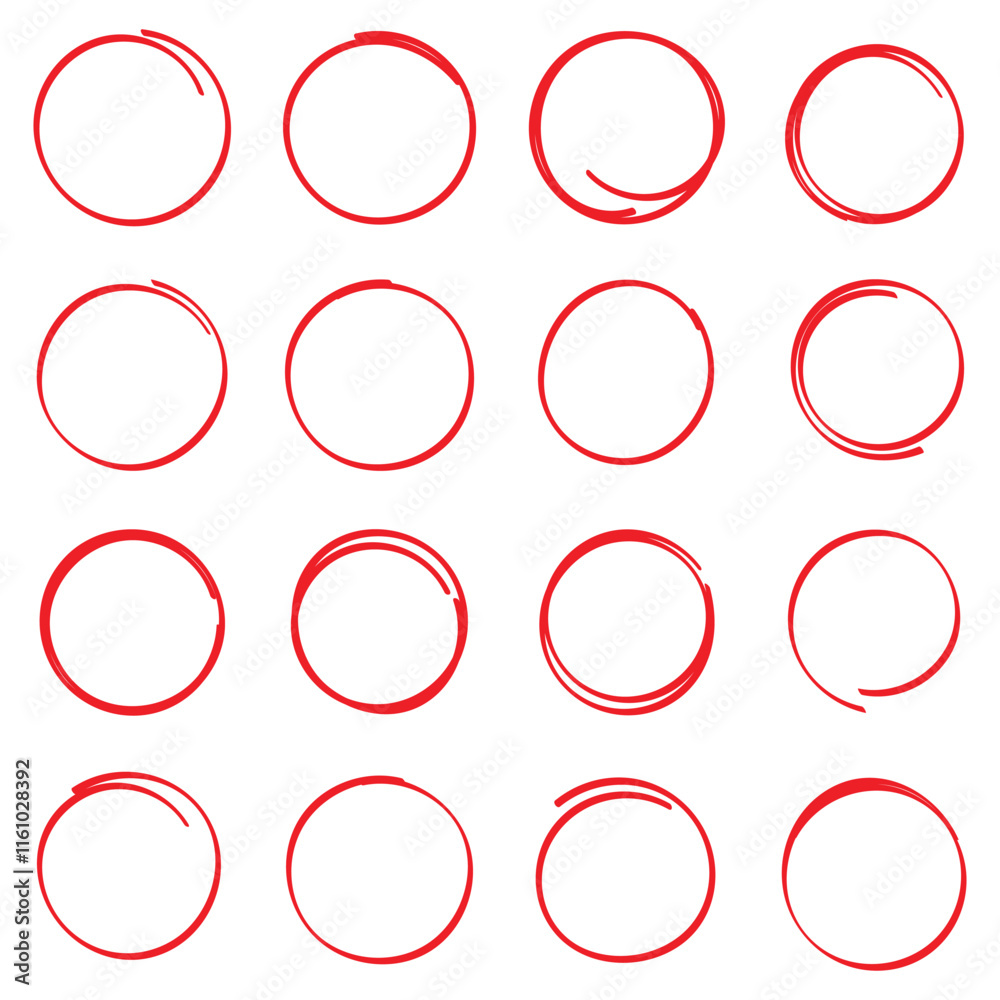 Hand drawn red circle line sketch set. Vector brush strokes circles of paint on white background. Ink hand drawn paint brush circle. Logo, label design elements.