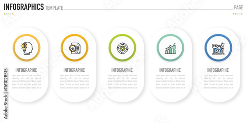 Rectangular infographic template or element with 5 step, process, option, colorful rectangle, icons, triangle, paper origami, button, tag, circle, circular, square bar for sale slide, internet planner