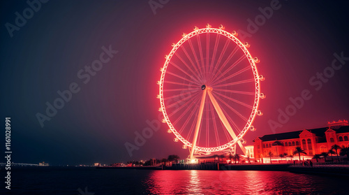 A surreal image of the Dubai Ain Ferris wheel, rendered in intense infrared tones with dramatic lighting. High contrast emphasizes the otherworldly appearance of this iconic landmark against the bluew
