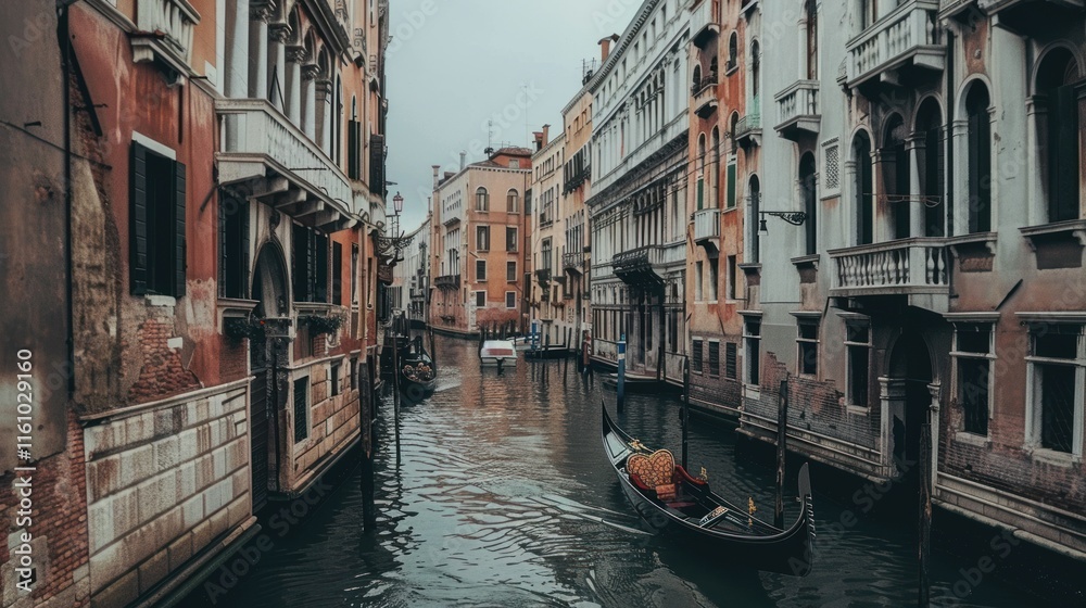Canal view with buildings and gondola.