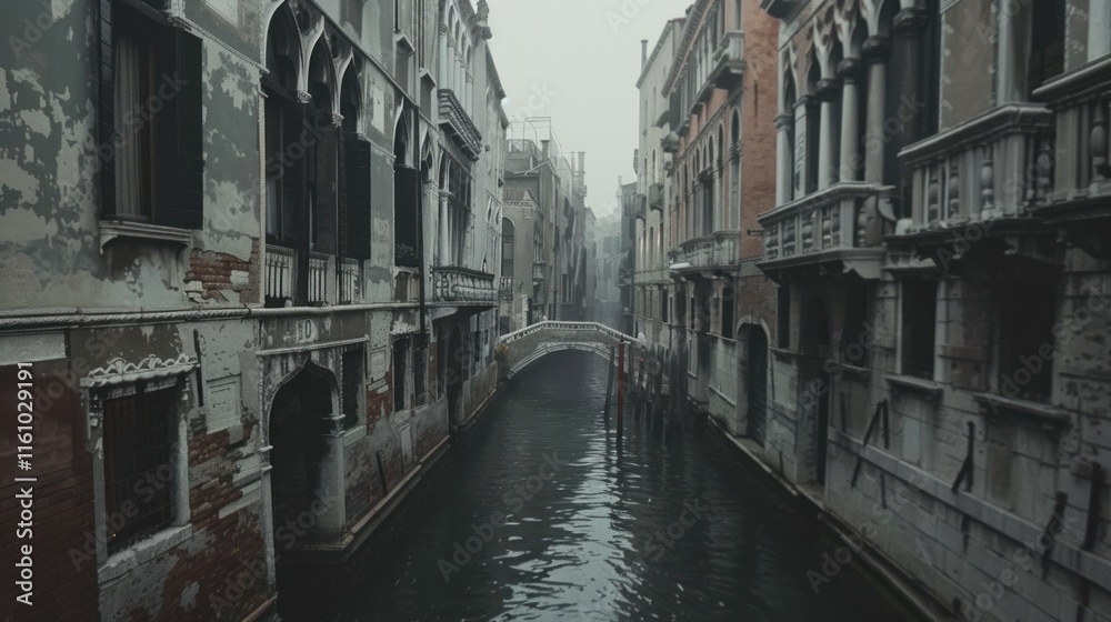Foggy canal with bridge & old buildings. Foggy canal with bridge & old buildings.