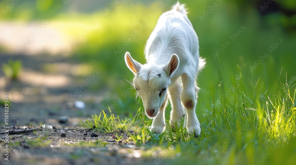 White baby goat walking on a path, with sunlit grass. White baby goat walking on a path, with sunlit grass.