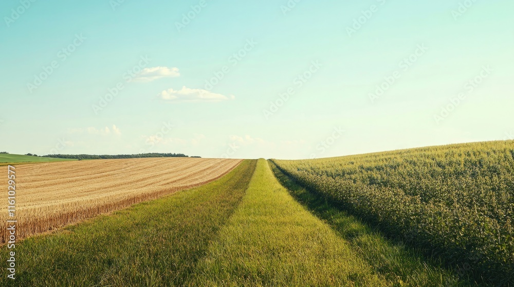 Expansive fields stretch under bright sky, showcasing vibrant gr Expansive fields stretch under bright sky, showcasing vibrant gr