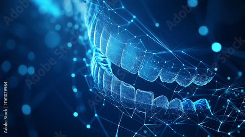 Abstract glowing digital teeth on blue background with dots and lines.