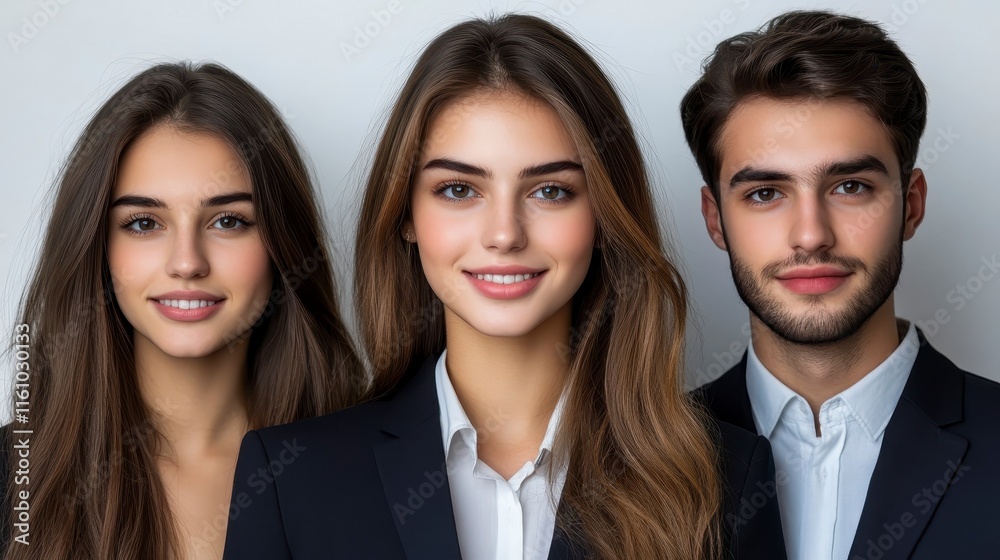 Three young adults in smart business attire pose together, exuding confidence and professionalism against a neutral backdrop. Three young adults in smart business attire pose together, exuding confidence and professionalism against a neutral backdrop.