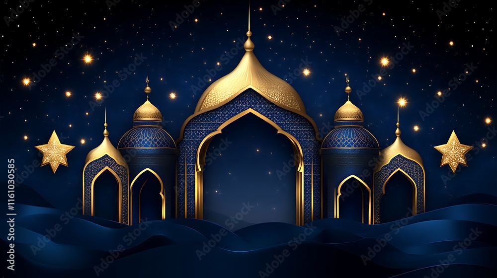 Obraz premium Elegant Golden Mosque Architecture Under Starry Night