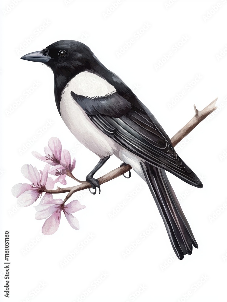 Winter watercolor magpie on branch nature scene artistic view Winter watercolor magpie on branch nature scene artistic view