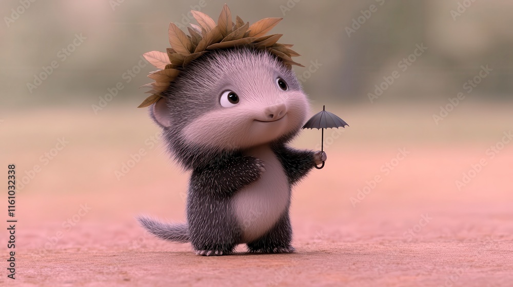 Fototapeta premium A cute animated creature with a flower crown holds a small umbrella, exuding charm and playfulness in a whimsical setting.