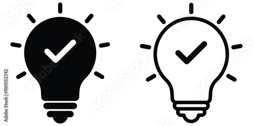 Light bulb with check mark icon set. Tick on black light bulb. Lightbulb check mark icon. Idea confirmation symbol. Vector graphic illustration.