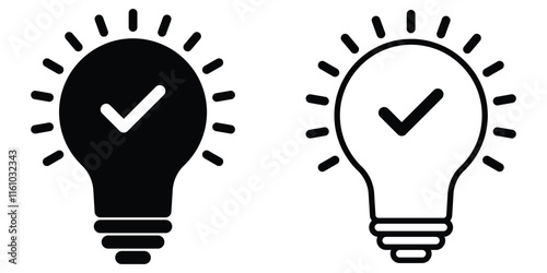 Light bulb with check mark icon set. Tick on black light bulb. Lightbulb check mark icon. Idea confirmation symbol. Vector graphic illustration.