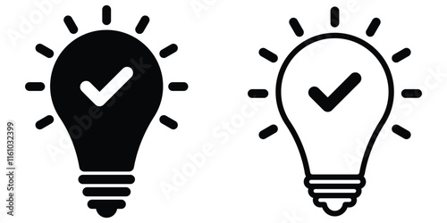 Light bulb with check mark icon set. Tick on black light bulb. Lightbulb check mark icon. Idea confirmation symbol. Vector graphic illustration.