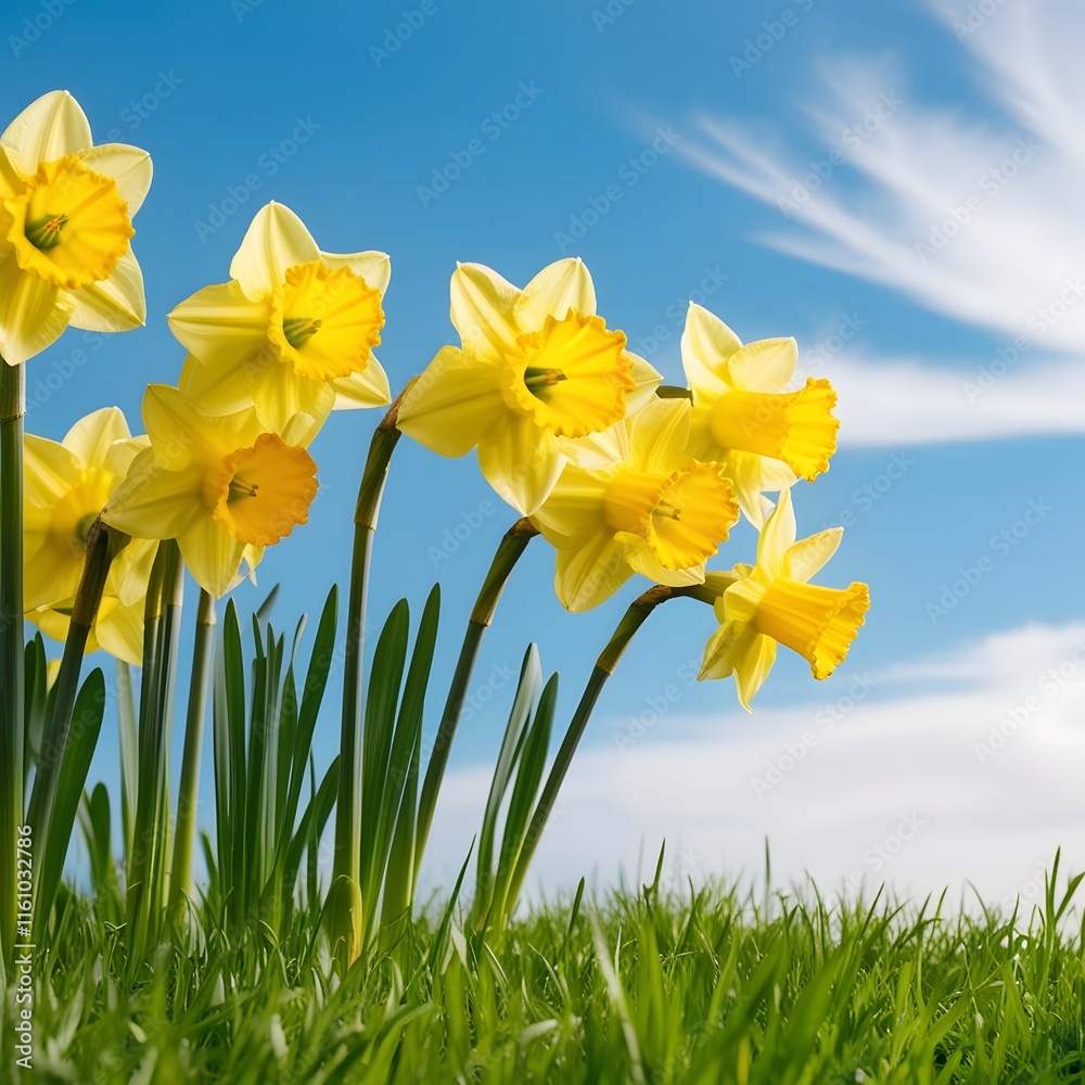 Obraz premium Yellow Daffodils Blooming in Green Grass Under Blue Sky