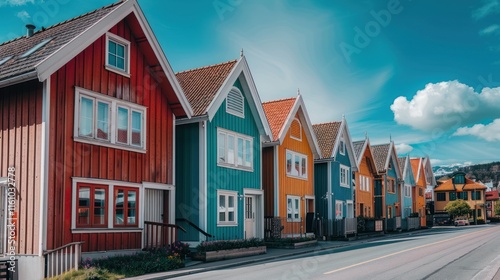 Colorful houses line a street under blue sky.