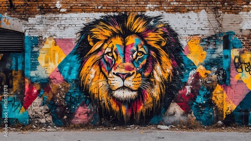 Vibrant Lion Graffiti Mural on Brick Wall