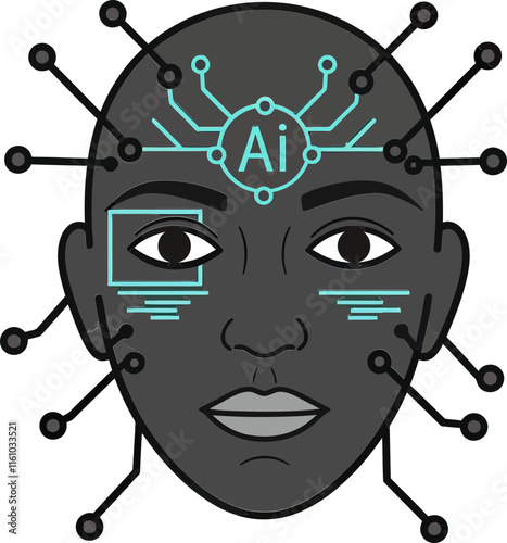 A black and blue illustration of a person with a head with wires and written AI on the forehead.