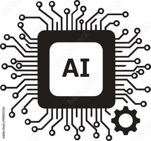 A black and white image of a computer chip with a gearwheel