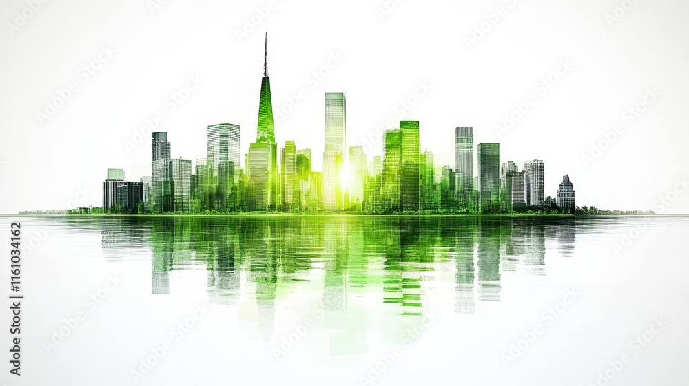 Fototapeta premium A stylized green skyline reflecting on water, symbolizing eco-friendliness and modern urban architecture.