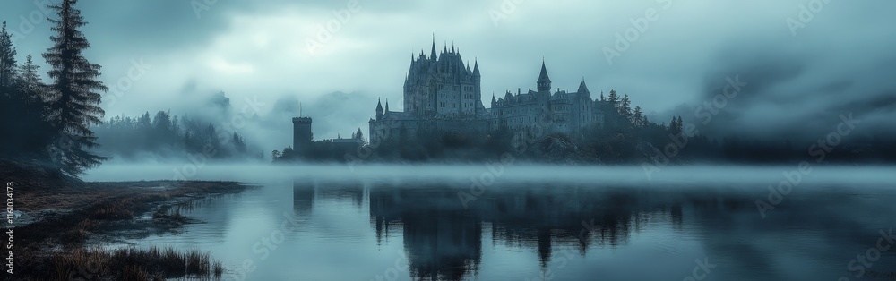 Enchanting Gothic Castle in Foggy Landscape with Mystical Ambiance Enchanting Gothic Castle in Foggy Landscape with Mystical Ambiance