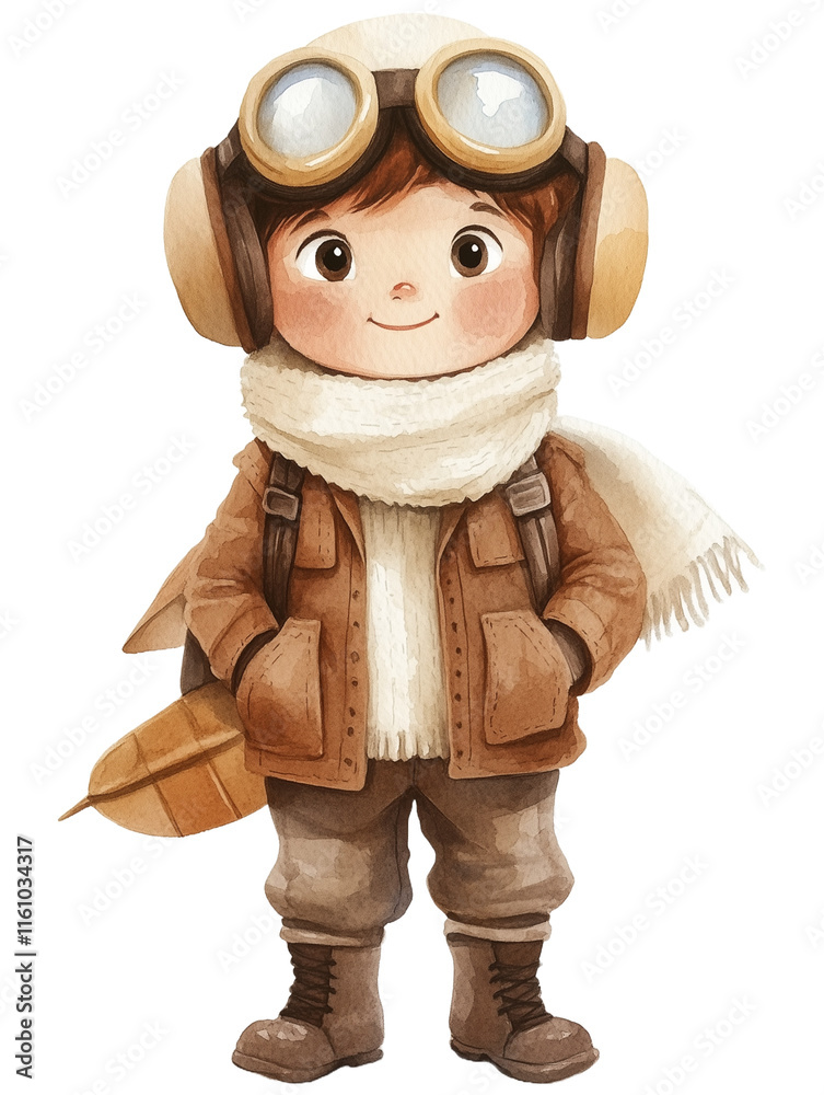 Fototapeta premium simple watercolor illustration of a cute Middle-aged man in pilot suit, brown hat with white fleece and classic aviator goggles, brown leather jacket, cream scarf, dark brown leather gloves, cream puf