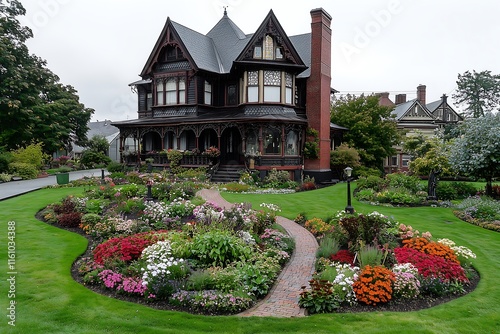 Captivating victorian mansion surrounded by vibrant flower garden in tranquil setting