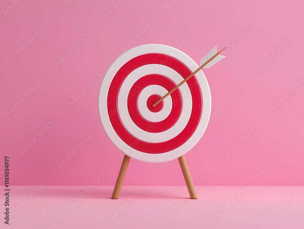 3D vector illustration of a target with an arrow in the center, in red and white colors on an isolated background, professional design, 3D vector illustration of a target with an arrow in the center, in red and white colors on an isolated background, professional design,