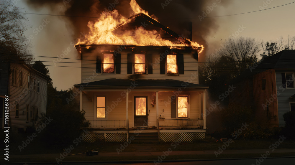 Devastating house fire engulfs suburban home at dusk Devastating house fire engulfs suburban home at dusk