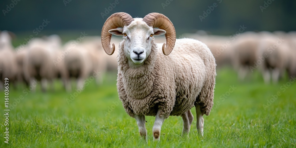 Naklejka premium A large ram with twisted horns grazes on green lush pastures. This striking ram stands out among sheep in the meadow, showcasing the beauty of rural farm life and green grass.