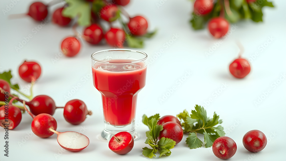 A glass of juice is poured over a bunch of radishes A glass of juice is poured over a bunch of radishes