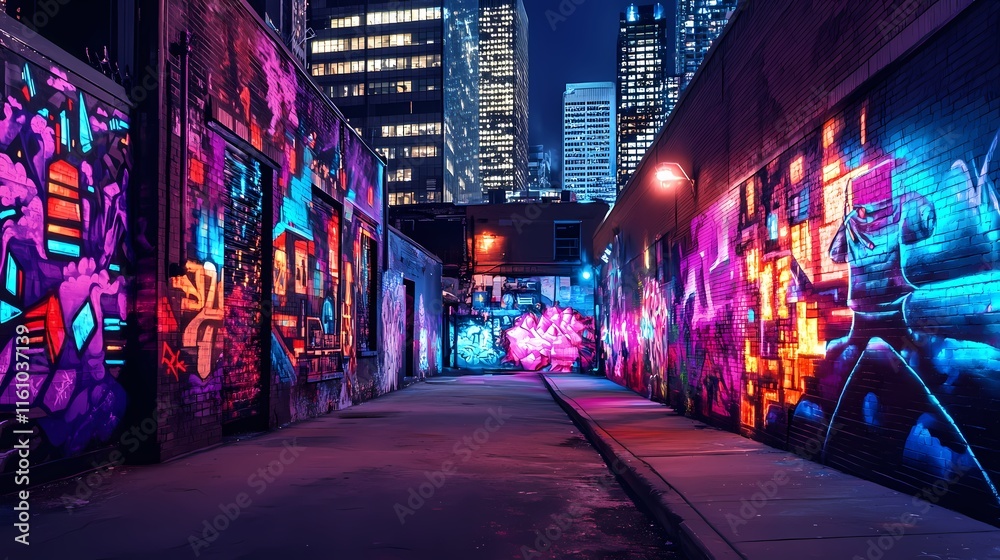 Neon Nights: Vibrant Graffiti Alley in Cityscape Neon Nights: Vibrant Graffiti Alley in Cityscape